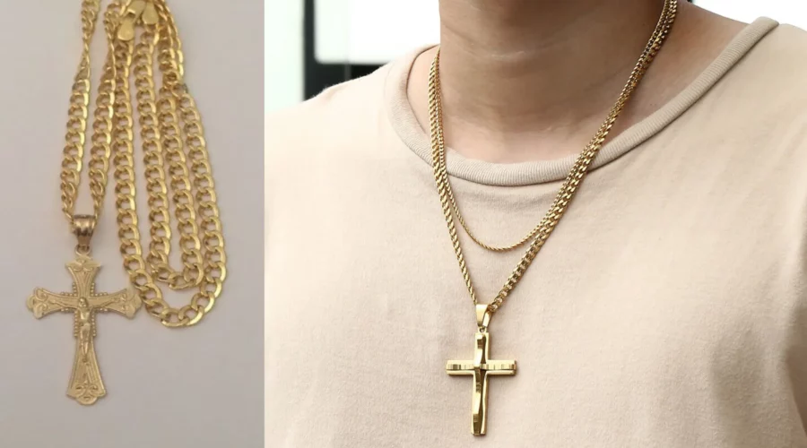 cuban chain with cross pendant and Cream T shirt